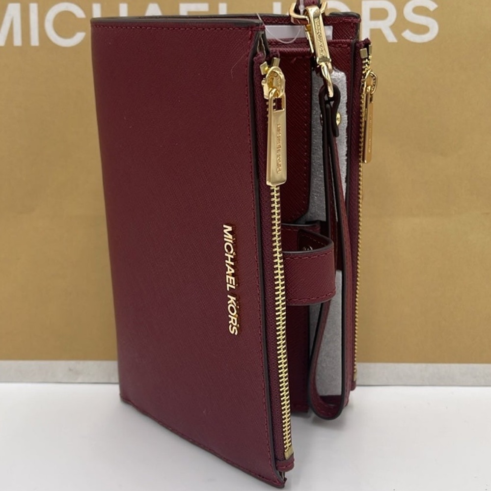 MICHAEL KORS Jet Set Travel LG Double Zip Wristlet Wallet Leather Dark Cherry - Picture 11 of 16